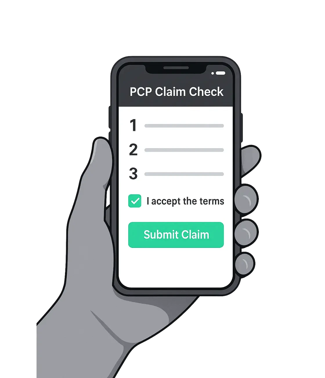 Step 1 of PCP claim process - Quick 2-minute online form completion with laptop and checkmarks illustration